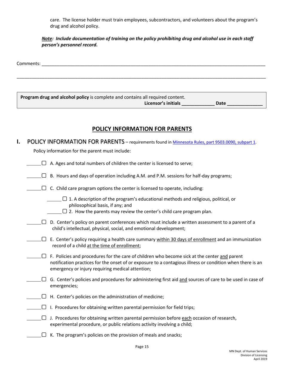Guidelines for Developing Policies and Procedures for Licensed Child Care Centers (Rule 3 Programs) - Minnesota, Page 15