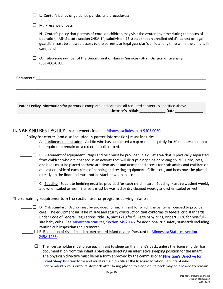 Guidelines for Developing Policies and Procedures for Licensed Child Care Centers (Rule 3 Programs) - Minnesota, Page 16