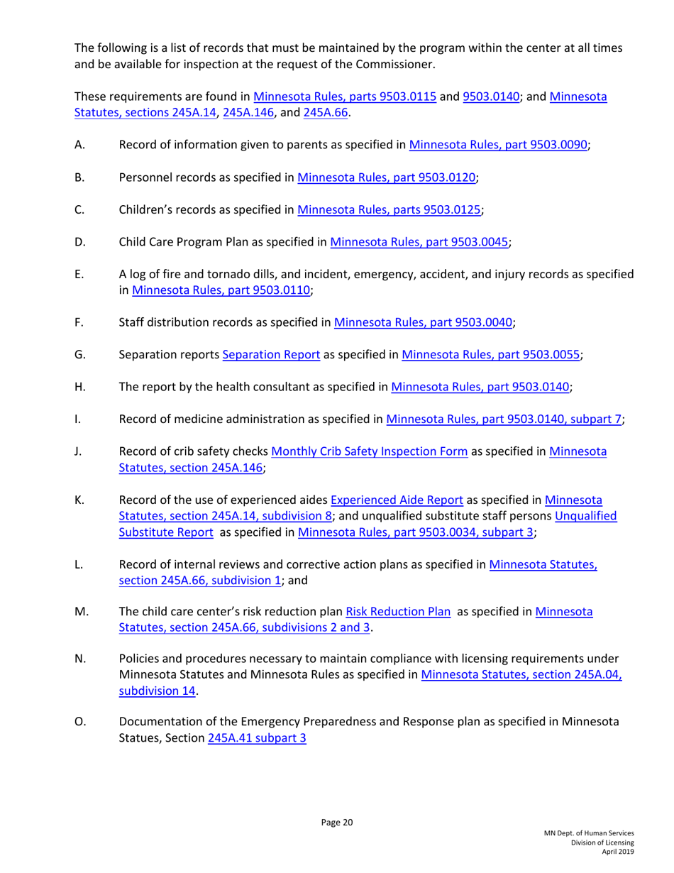 Guidelines for Developing Policies and Procedures for Licensed Child Care Centers (Rule 3 Programs) - Minnesota, Page 20