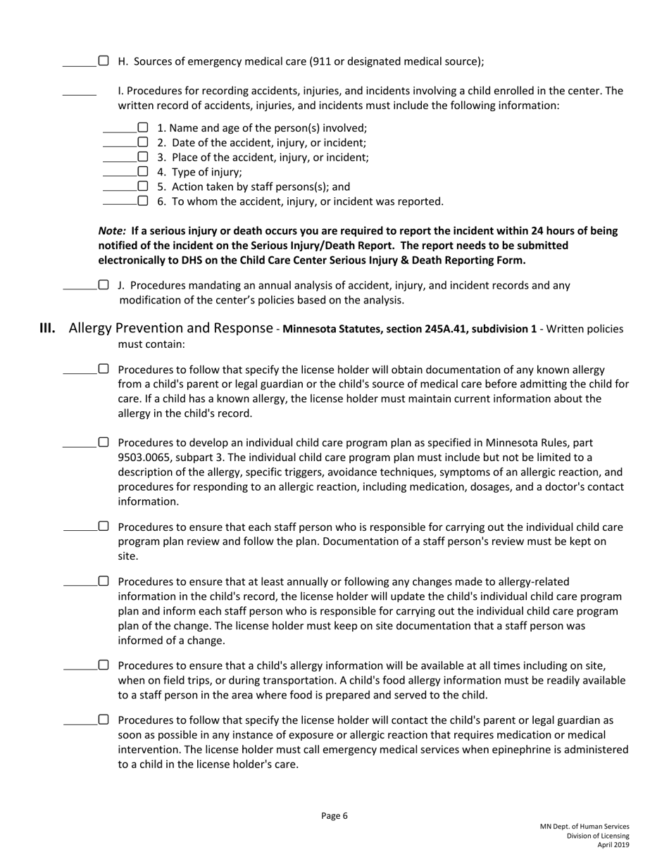 Guidelines for Developing Policies and Procedures for Licensed Child Care Centers (Rule 3 Programs) - Minnesota, Page 6