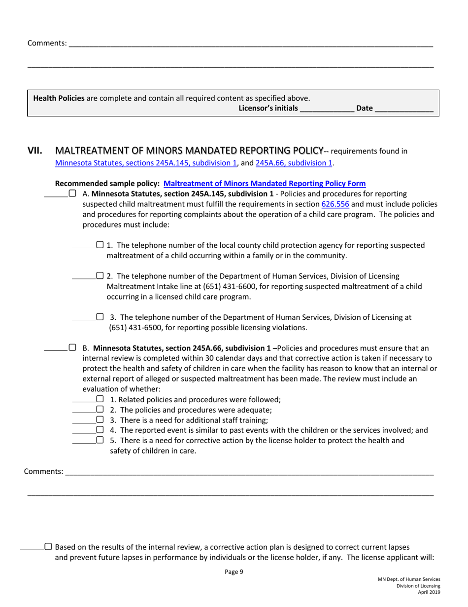 Guidelines for Developing Policies and Procedures for Licensed Child Care Centers (Rule 3 Programs) - Minnesota, Page 9
