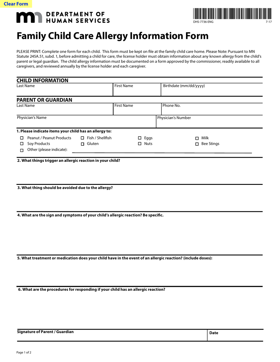 Allergy Form Template