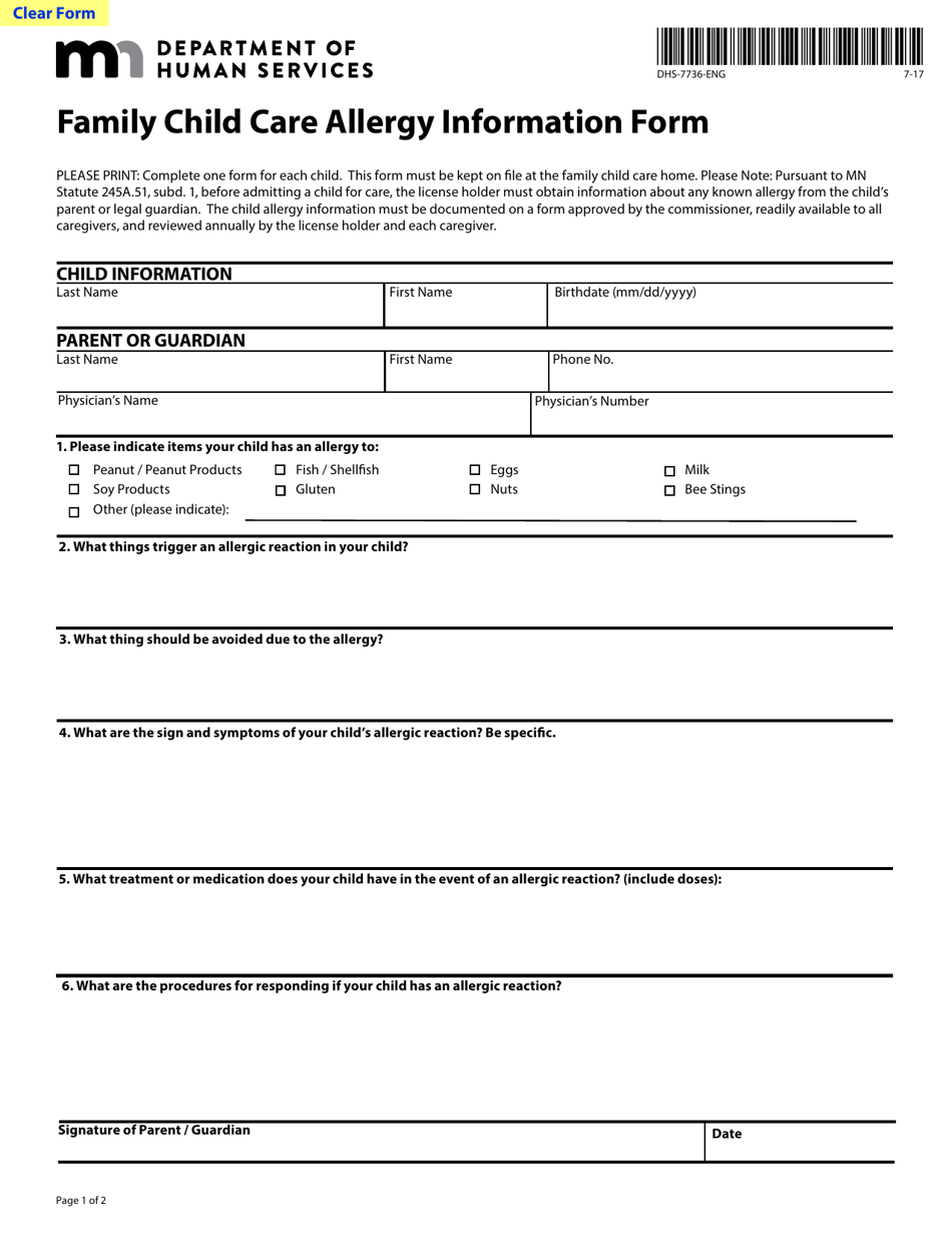 Form DHS-7736-ENG Family Child Care Allergy Information Form - Minnesota, Page 1