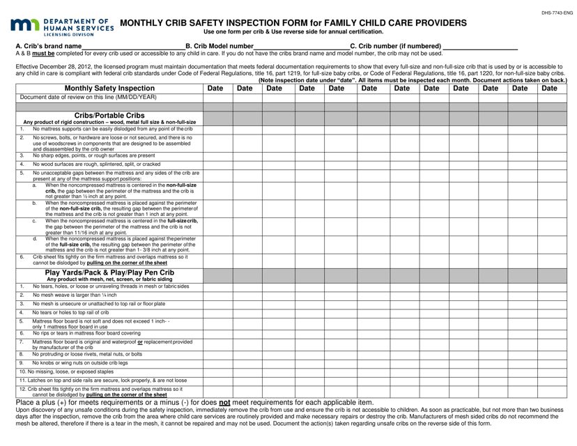 Form DHS-7743-ENG Monthly Crib Safety Inspection Form for Family Child Care Providers - Minnesota