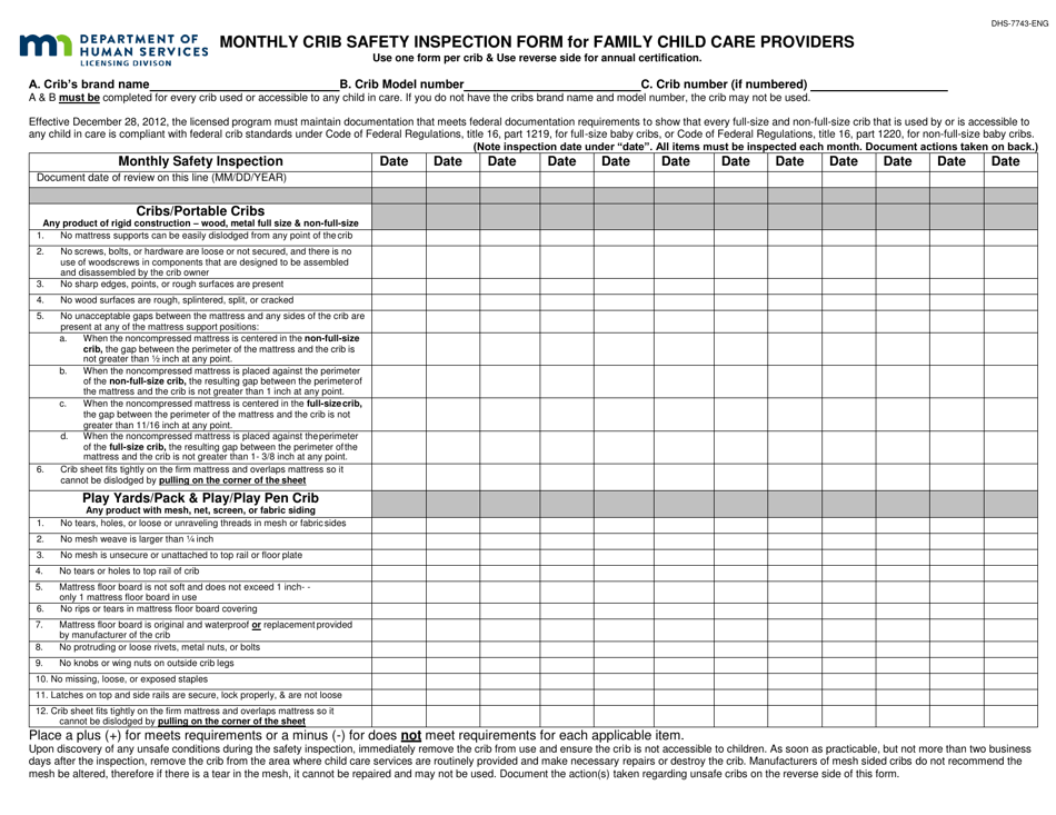 Form DHS-7743-ENG Monthly Crib Safety Inspection Form for Family Child Care Providers - Minnesota, Page 1