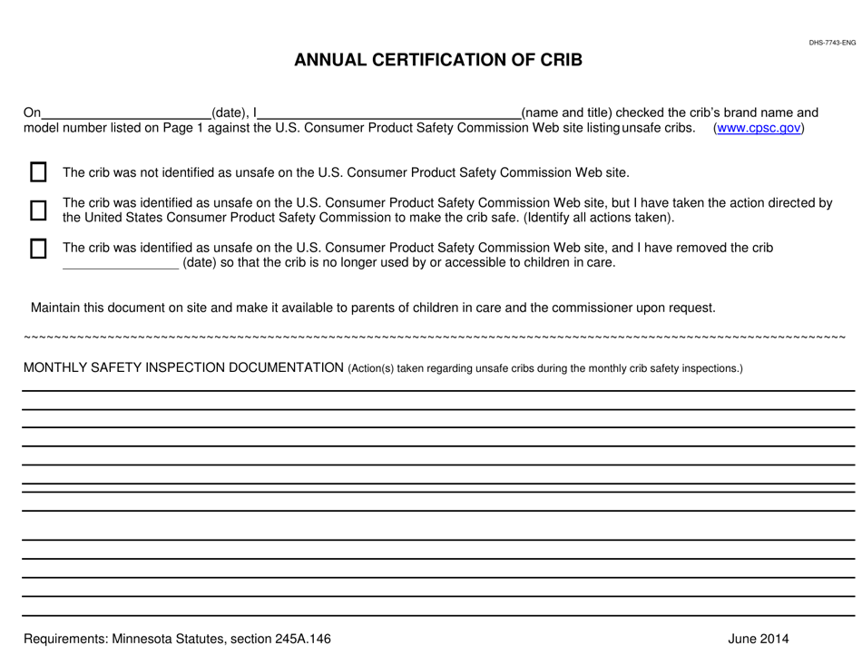 Form DHS-7743-ENG Monthly Crib Safety Inspection Form for Family Child Care Providers - Minnesota, Page 2