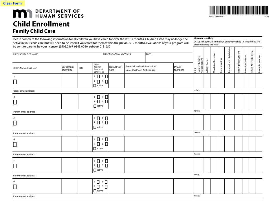 Form DHS-7934-ENG Family Child Care Child Enrollment Form - Minnesota, Page 1