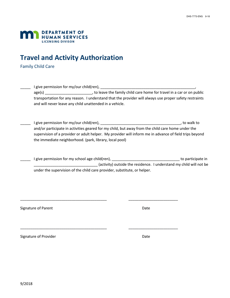Form DHS-7773-ENG Travel and Activity Authorization - Minnesota, Page 1