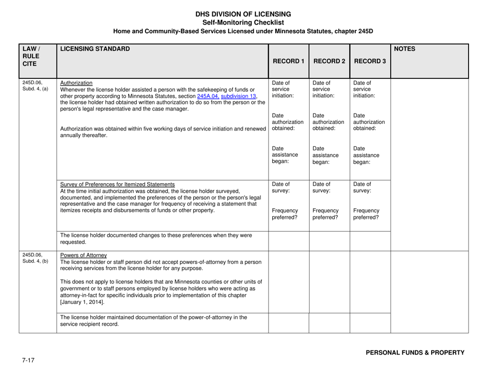 Form DHS-7652I-ENG Self-monitoring Checklist for Licensed Hcbs Providers: Personal Funds and Property and Legal Representation Restrictions - Minnesota, Page 3