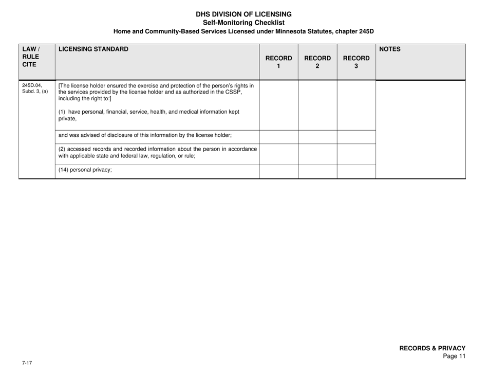 Form DHS-7652A-ENG Self-monitoring Checklist for Licensed Hcbs Providers: Records and Privacy - Minnesota, Page 11