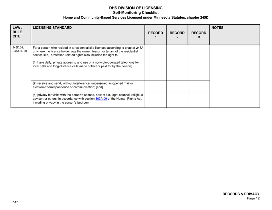 Form DHS-7652A-ENG Self-monitoring Checklist for Licensed Hcbs Providers: Records and Privacy - Minnesota, Page 12