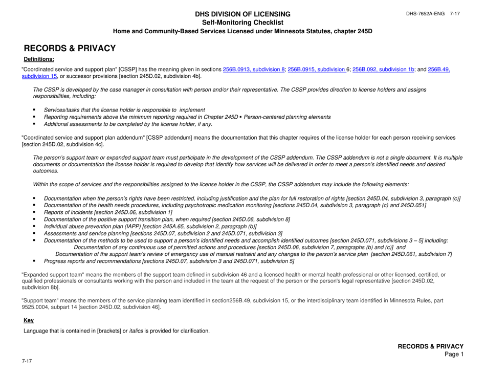 Form DHS-7652A-ENG Self-monitoring Checklist for Licensed Hcbs Providers: Records and Privacy - Minnesota, Page 1