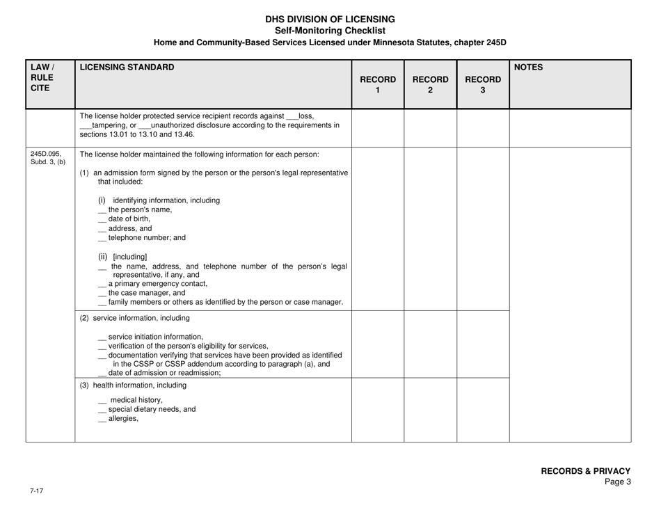 Form DHS-7652A-ENG Self-monitoring Checklist for Licensed Hcbs Providers: Records and Privacy - Minnesota, Page 3