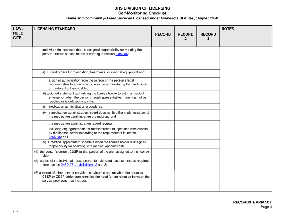 Form DHS-7652A-ENG Self-monitoring Checklist for Licensed Hcbs Providers: Records and Privacy - Minnesota, Page 4