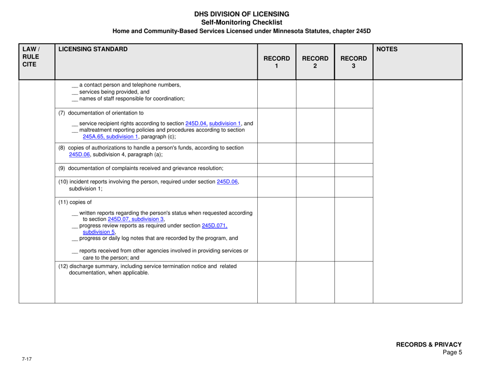 Form DHS-7652A-ENG Self-monitoring Checklist for Licensed Hcbs Providers: Records and Privacy - Minnesota, Page 5
