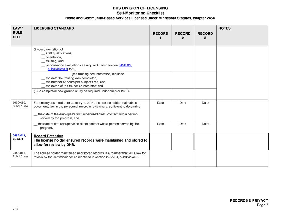 Form DHS-7652A-ENG Self-monitoring Checklist for Licensed Hcbs Providers: Records and Privacy - Minnesota, Page 7
