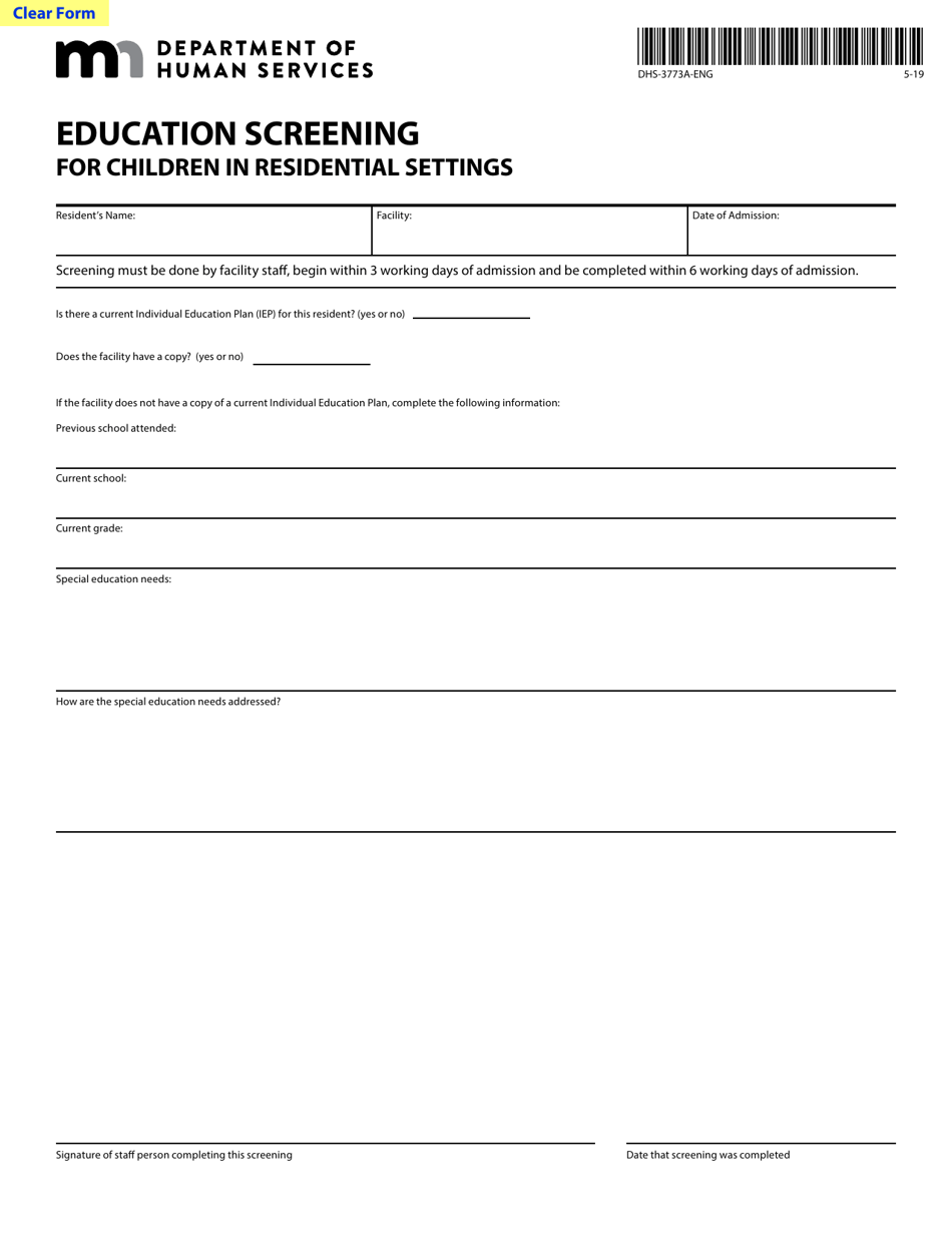 Form DHS-3773A-ENG Education Screening for Children in Residential Settings - Minnesota, Page 1