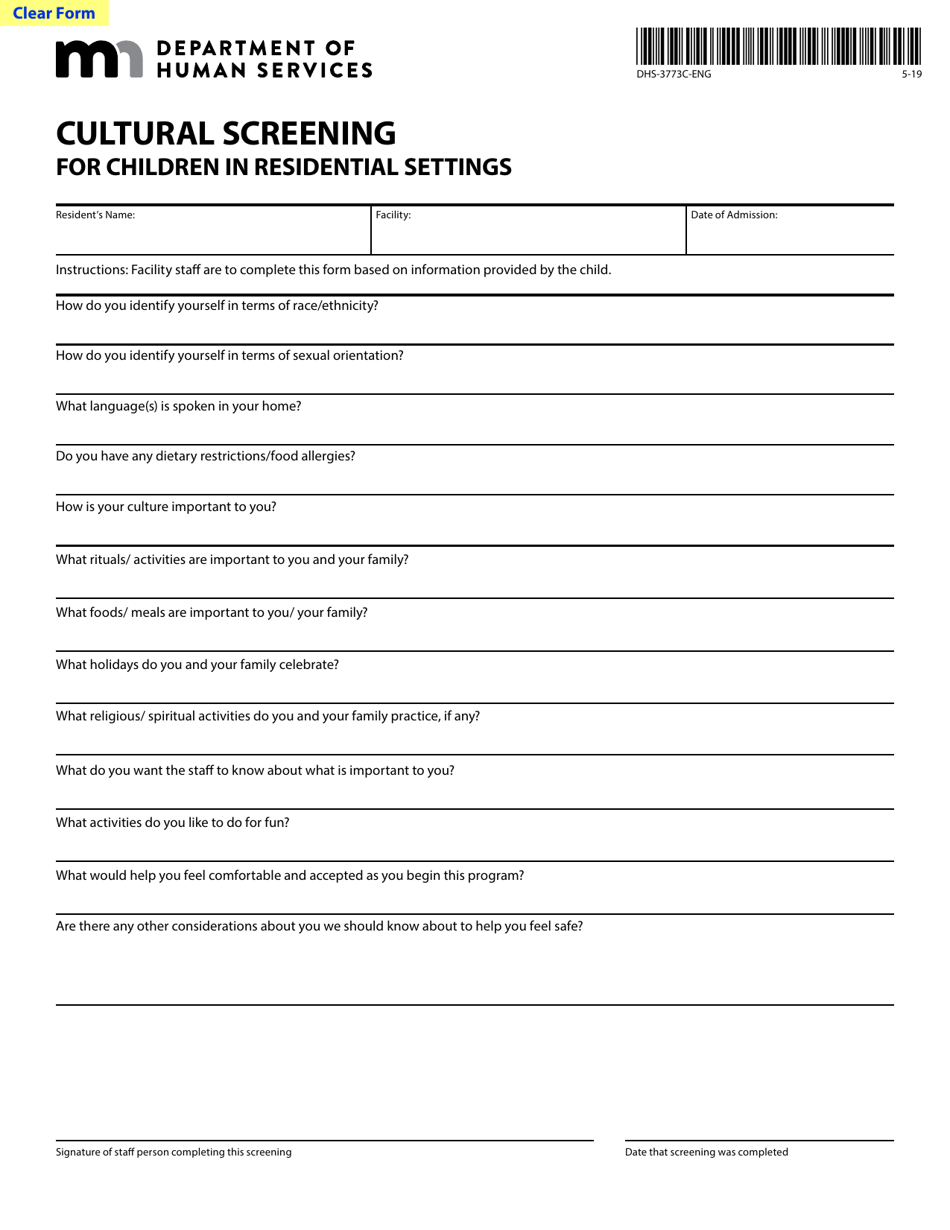 Form DHS-3773C-ENG Download Fillable PDF or Fill Online Cultural Screening  for Children in Residential Settings Minnesota | Templateroller