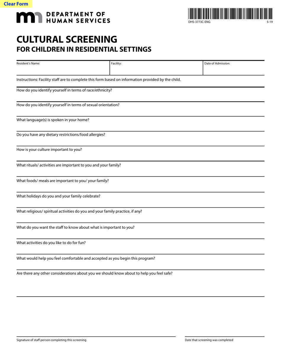 Form DHS-3773C-ENG Cultural Screening for Children in Residential Settings - Minnesota, Page 1