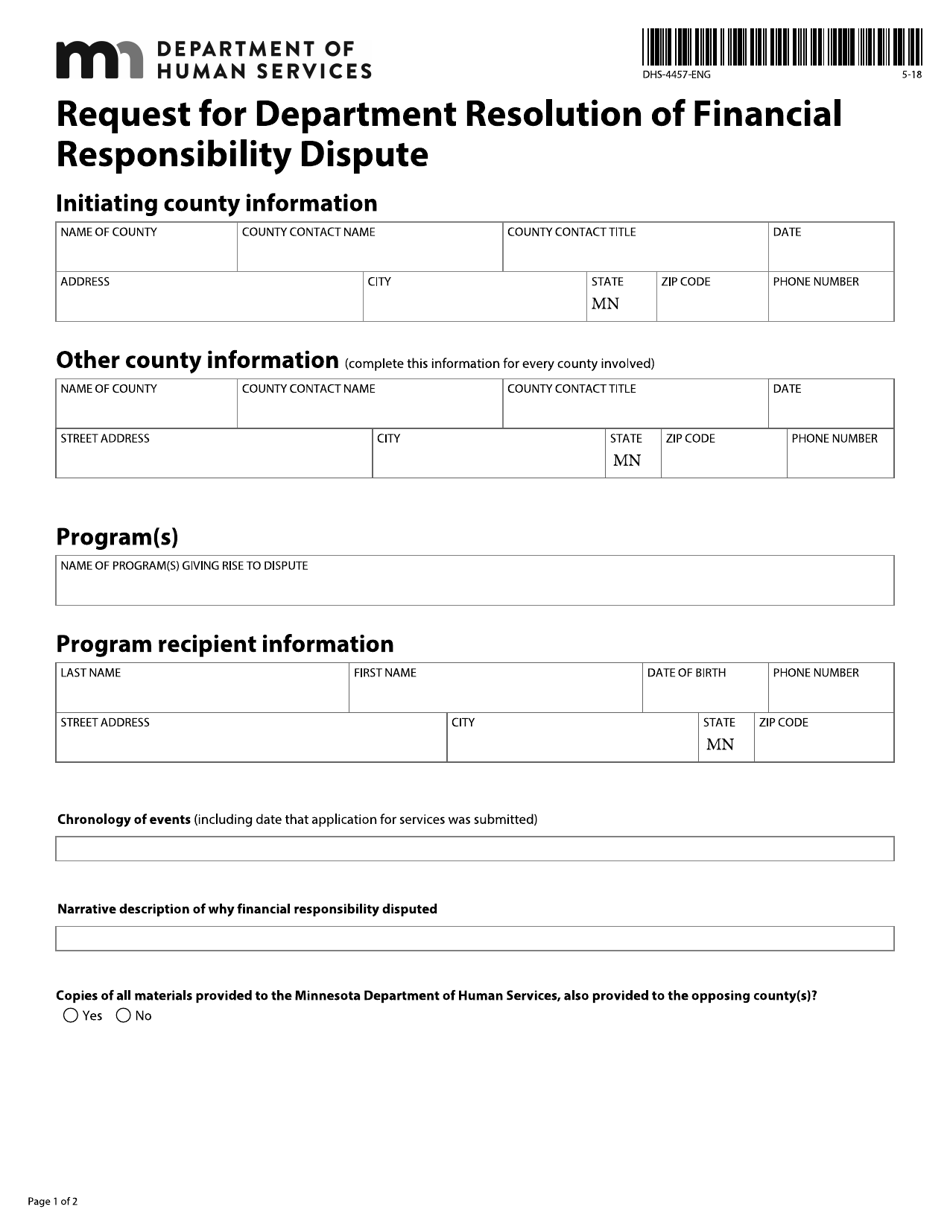 Form DHS-4457-ENG Request for Department Resolution of Financial Responsibility Dispute - Minnesota, Page 1