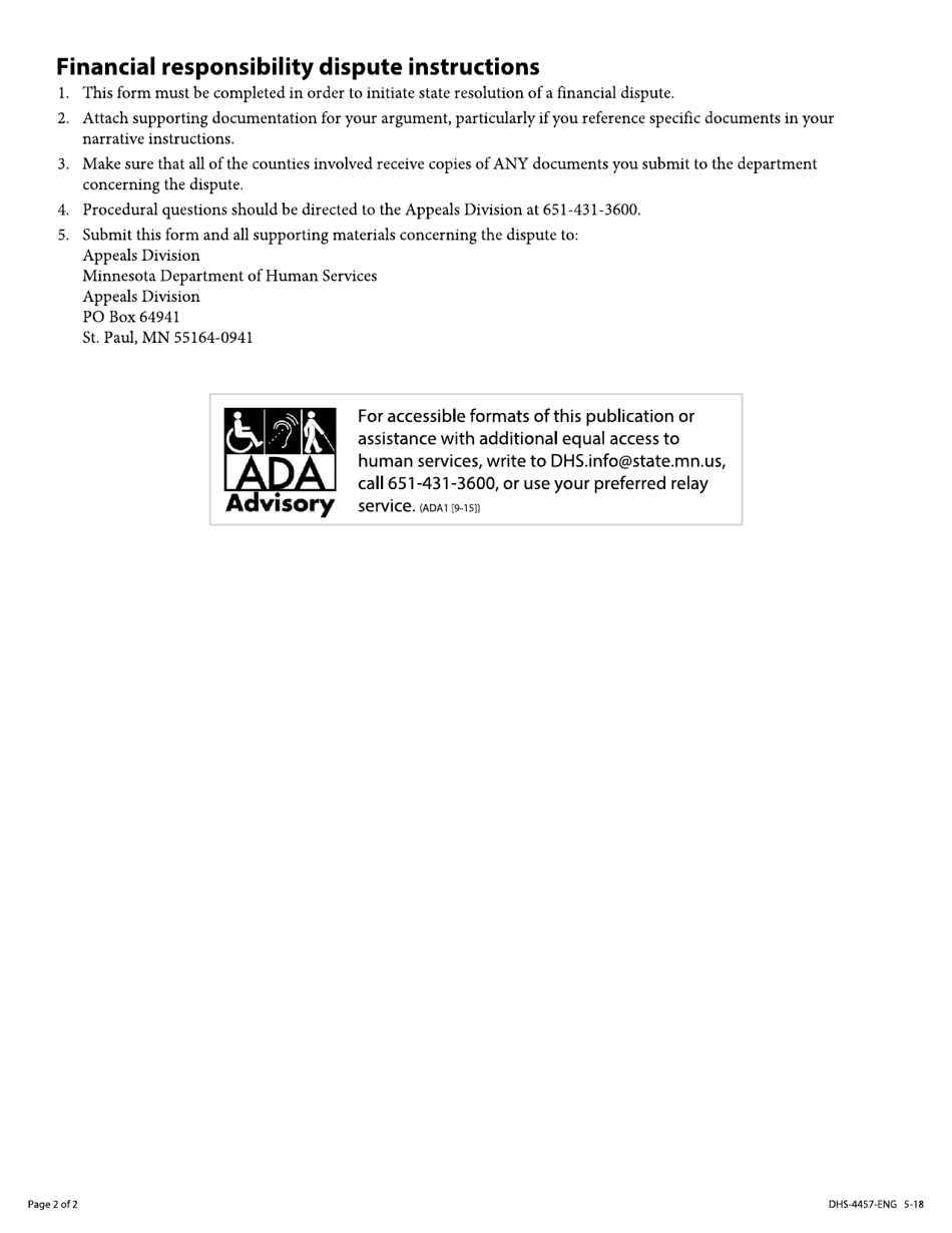 Form DHS-4457-ENG Request for Department Resolution of Financial Responsibility Dispute - Minnesota, Page 2