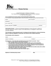 Document preview: Consent/Authorization for Release of Information From Federal Bureau of Investigation, National Crime Information Databases to Private Child Placing Agency - Minnesota