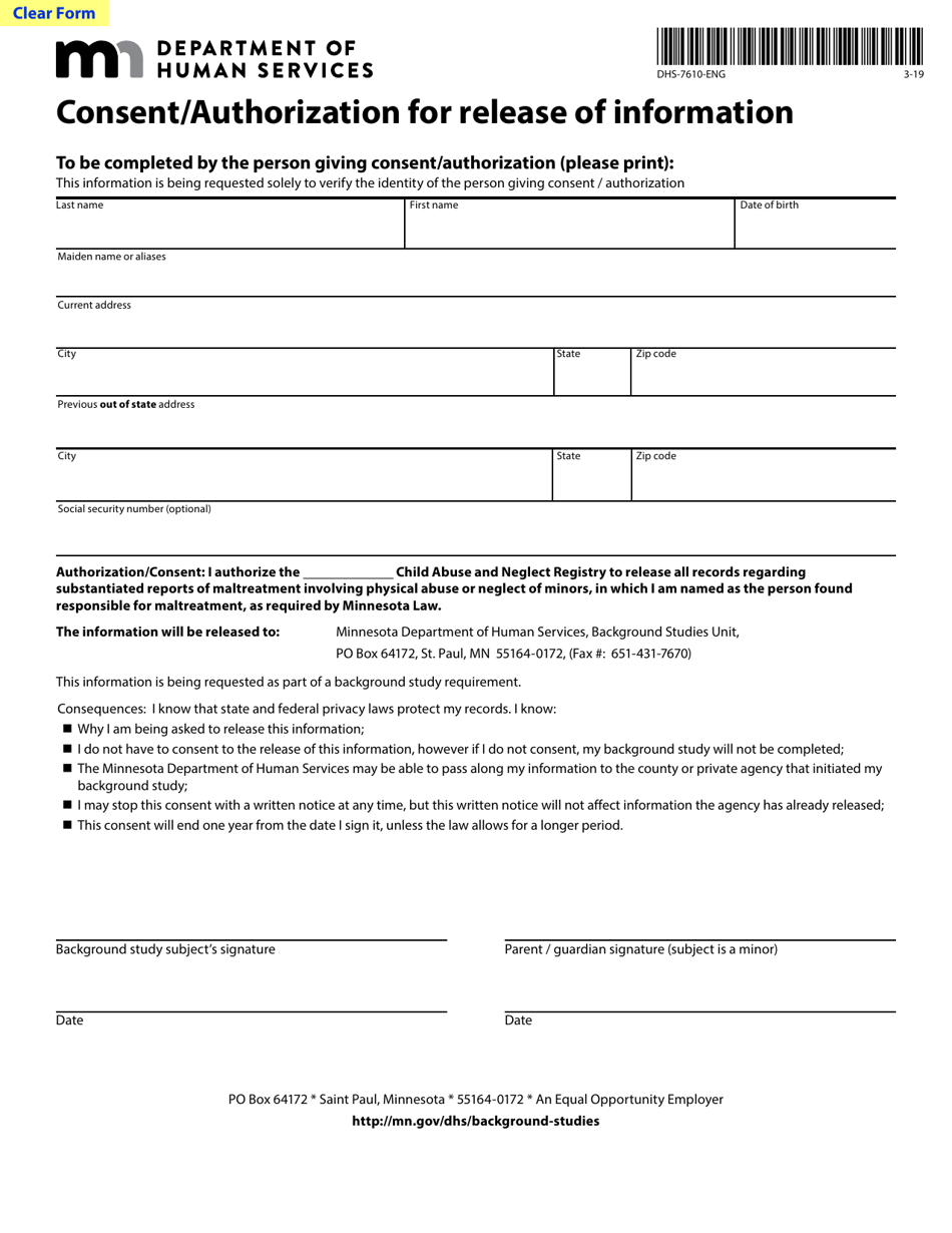 Form DHS-7610-ENG Consent / Authorization for Release of Information - Minnesota, Page 1