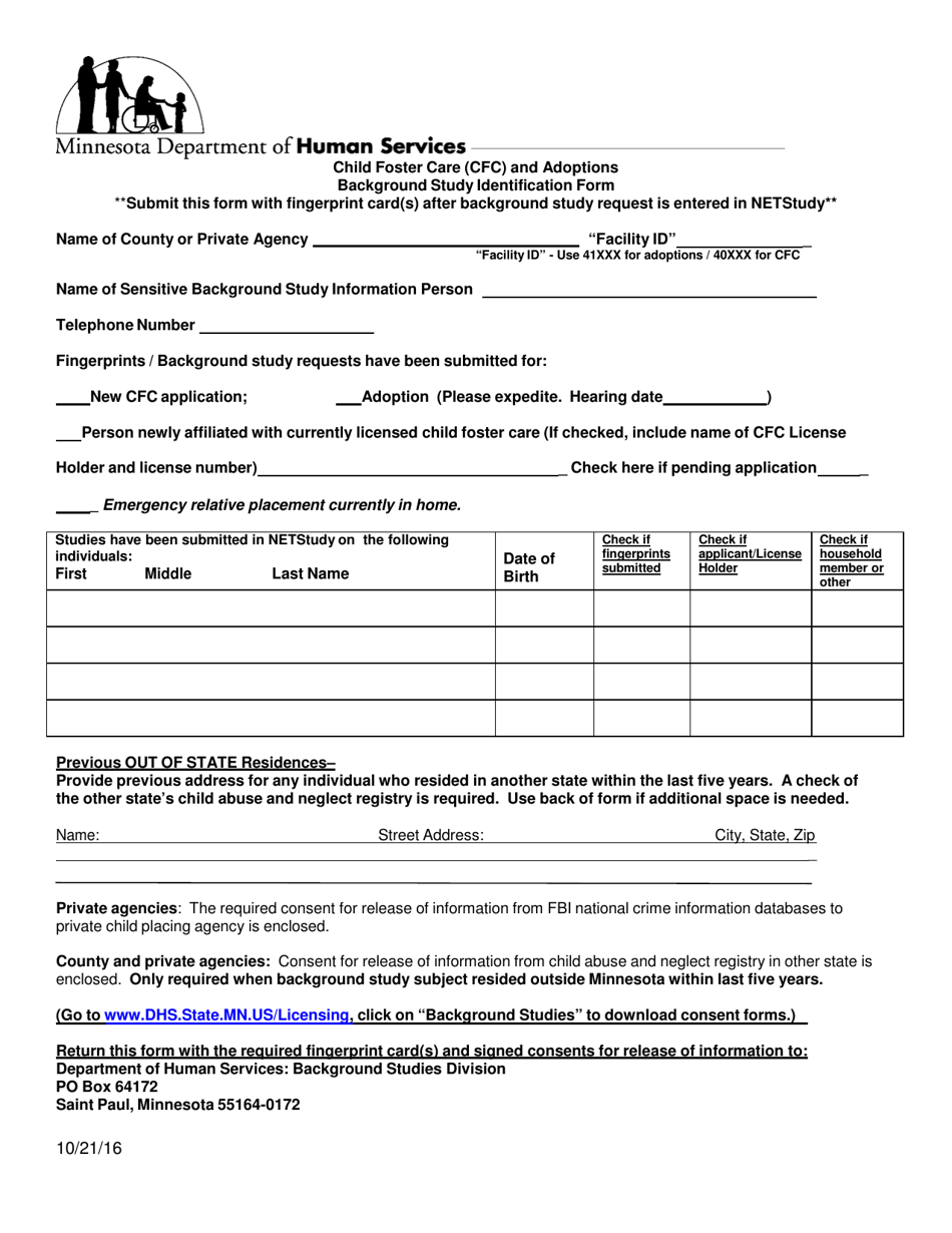 Child Foster Care (Cfc) and Adoptions Background Study Identification Form - Minnesota, Page 1