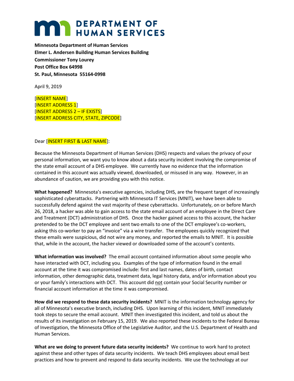 Sample Notification Letter to Clients - Minnesota, Page 1