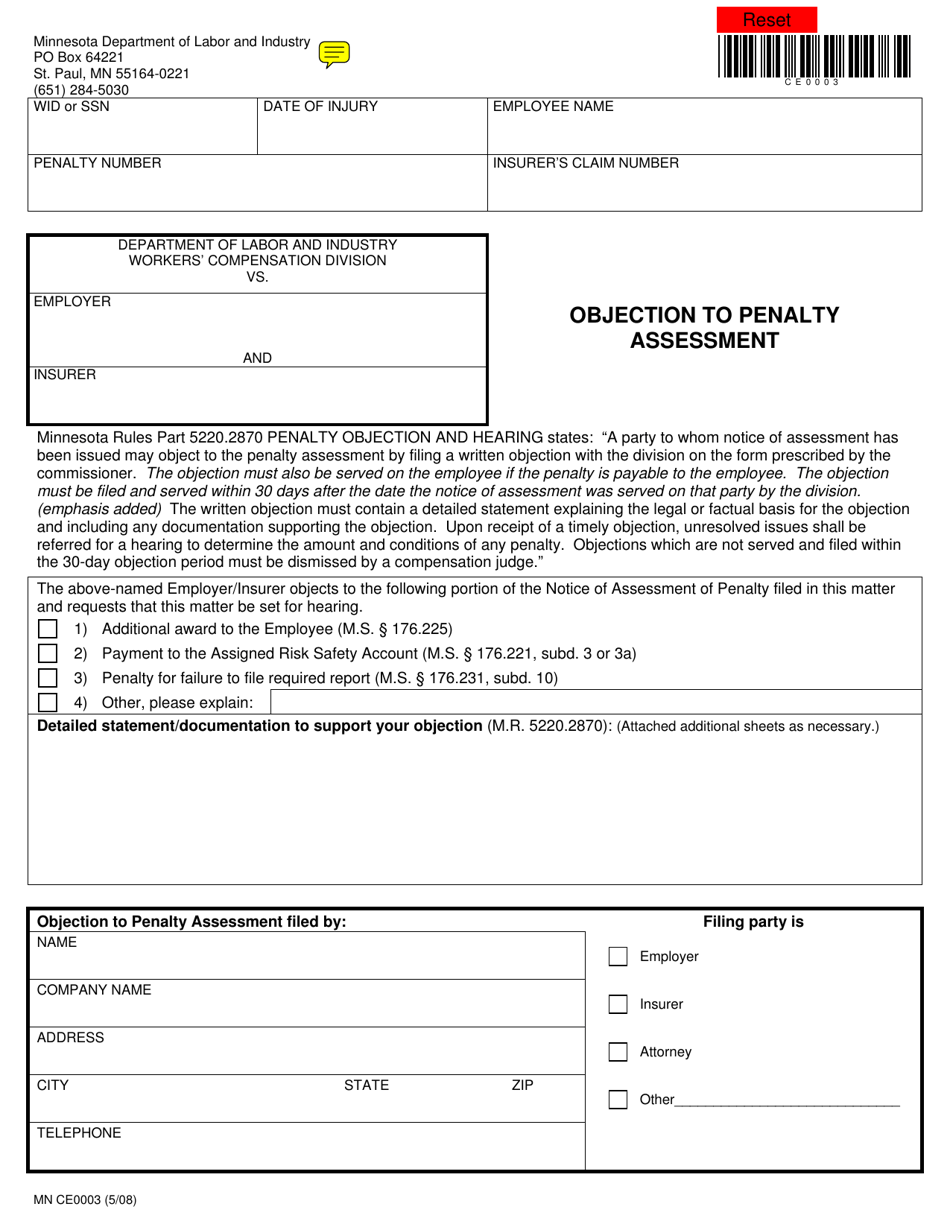 Form MN CE0003 Objection to Penalty Assessment - Minnesota, Page 1