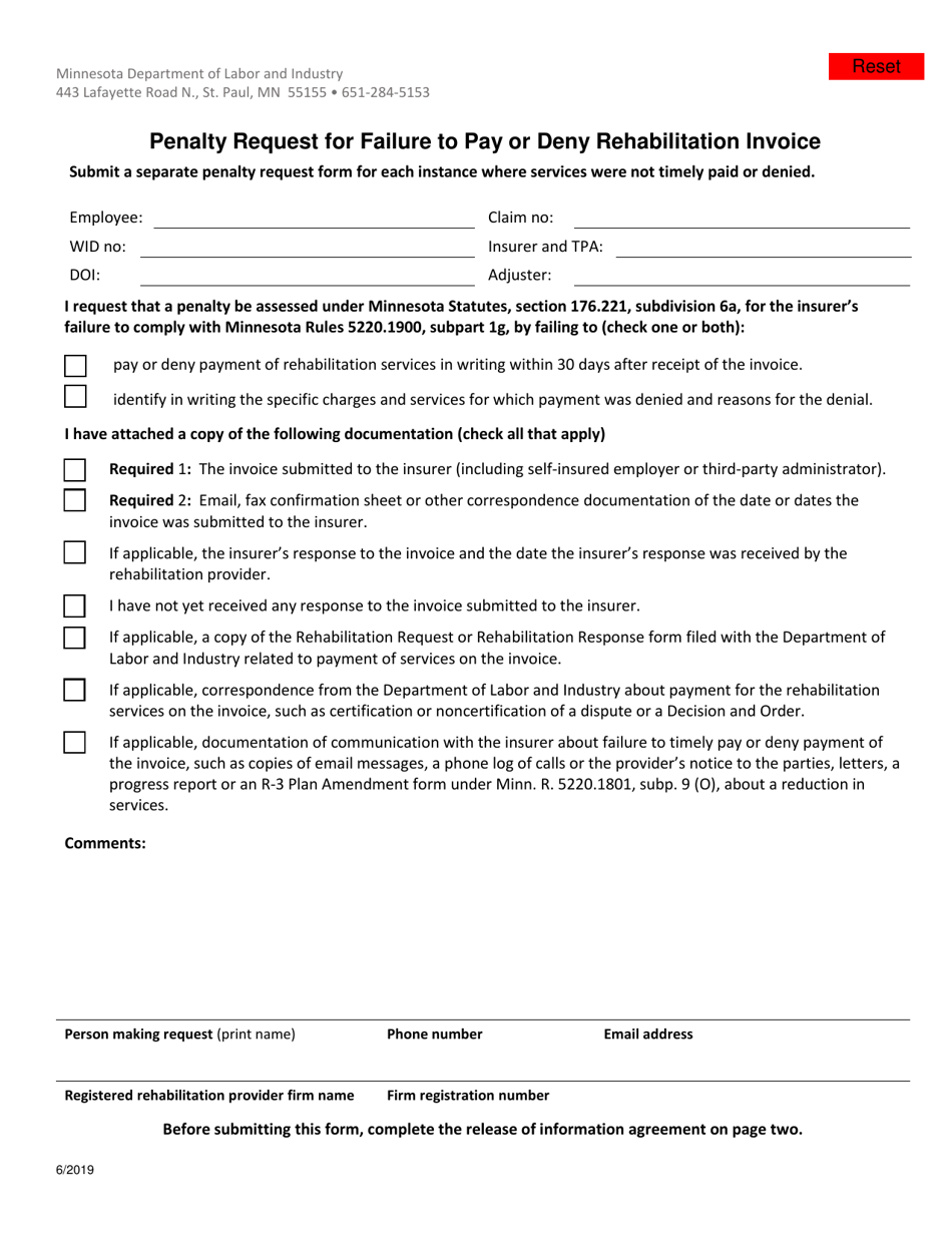 Penalty Request for Failure to Pay or Deny Rehabilitation Invoice - Minnesota, Page 1