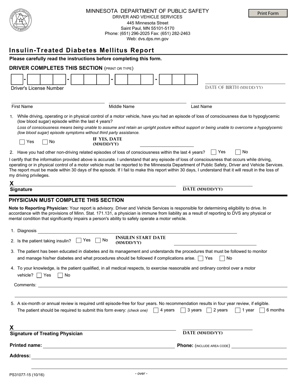 Form PS31077-15 Insulin-Treated Diabetes Mellitus Report - Minnesota, Page 1