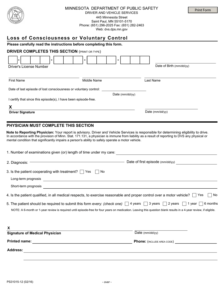 Form PS31015-12 Loss of Consciousness or Voluntary Control - Minnesota, Page 1
