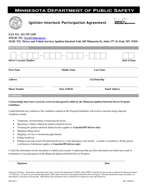 Form PS31201-7 Ignition Interlock Participation Agreement - Minnesota