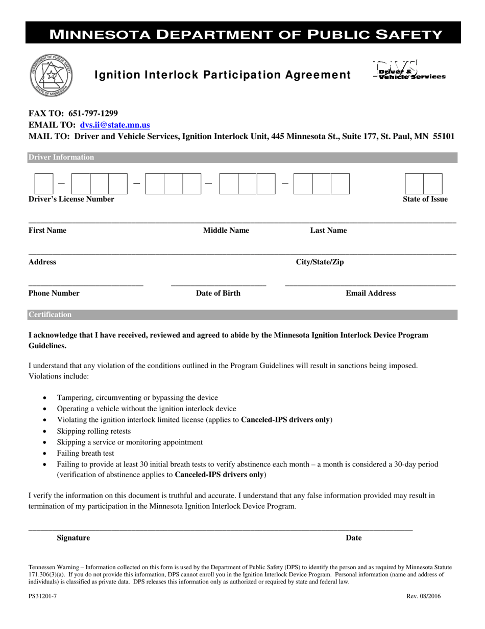 Form PS31201-7 Ignition Interlock Participation Agreement - Minnesota, Page 1