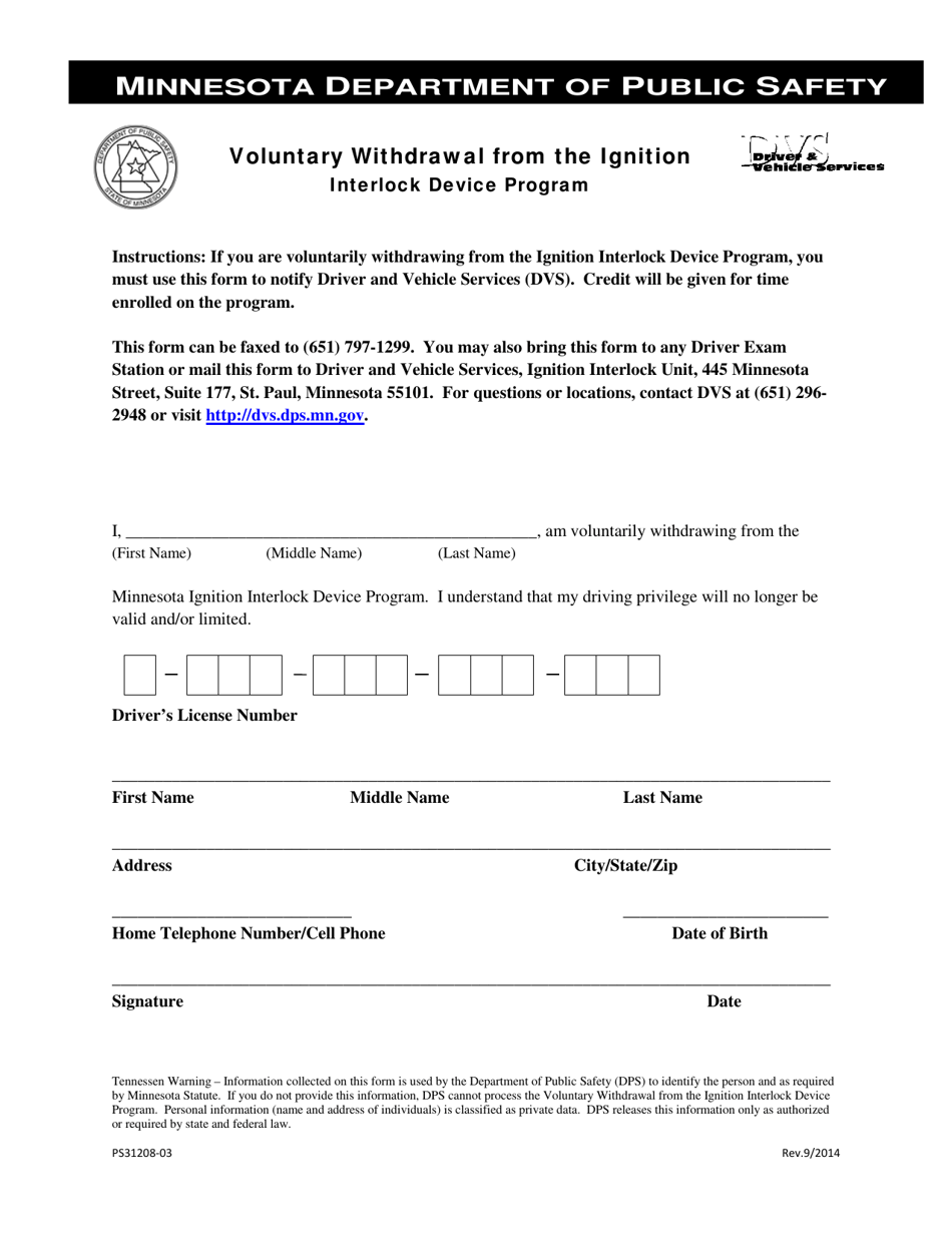 Form PS31208-03 Voluntary Withdrawal From the Ignition Interlock Device Program - Minnesota, Page 1