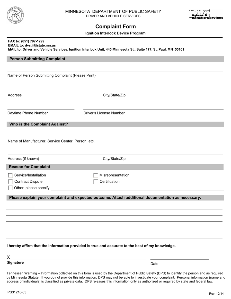 Form PS31210-03 Complaint Form - Ignition Interlock Device Program - Minnesota, Page 1