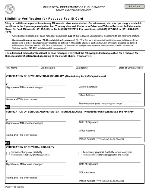 Form PS33117-08 Eligibility Verification for Reduced Fee Id Card - Minnesota