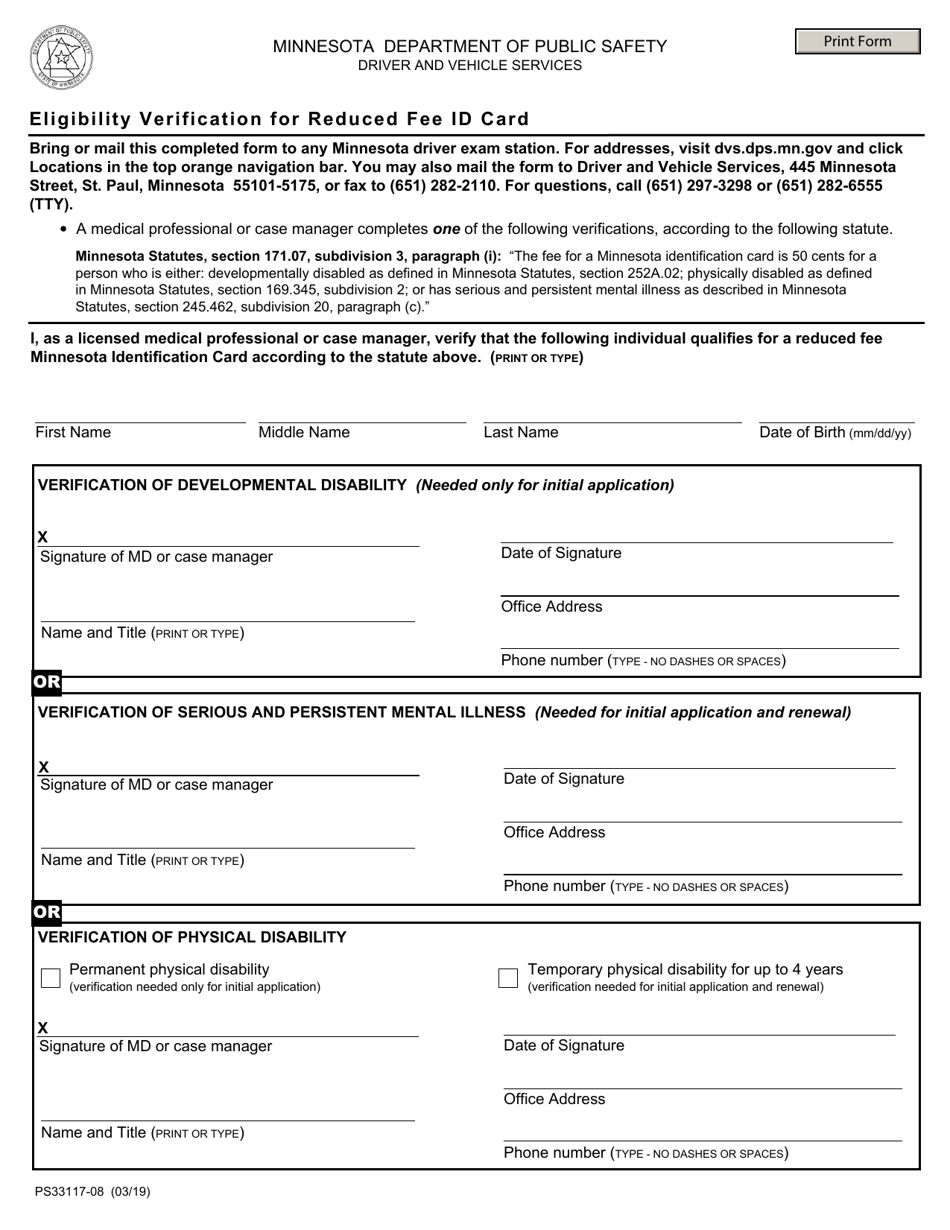 Form PS33117-08 Eligibility Verification for Reduced Fee Id Card - Minnesota, Page 1