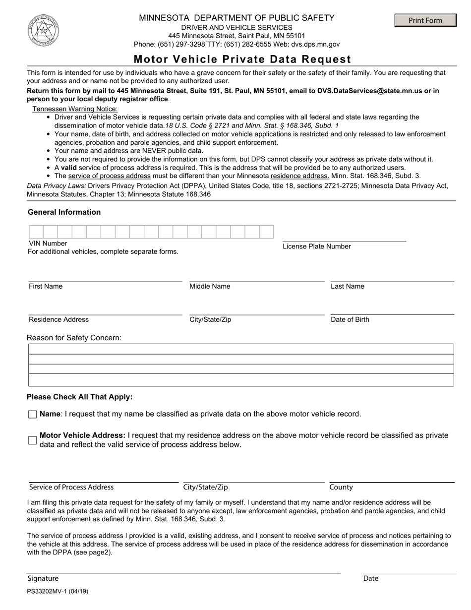 Form PS33202MV-1 Motor Vehicle Private Data Request - Minnesota, Page 1