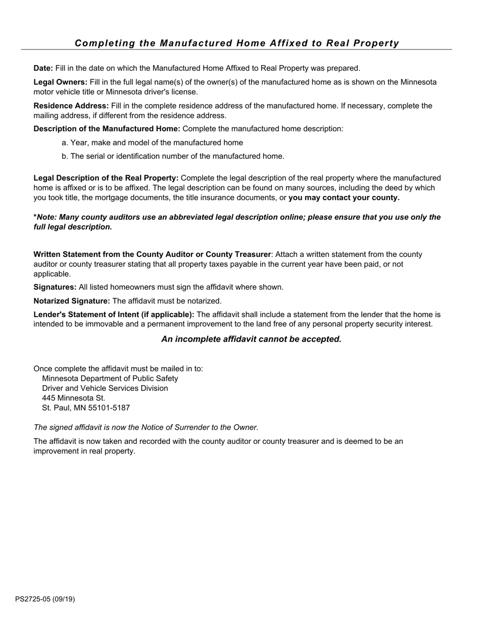 Form PS2725-05 Manufactured Home Affixed to Real Property - Minnesota, Page 2