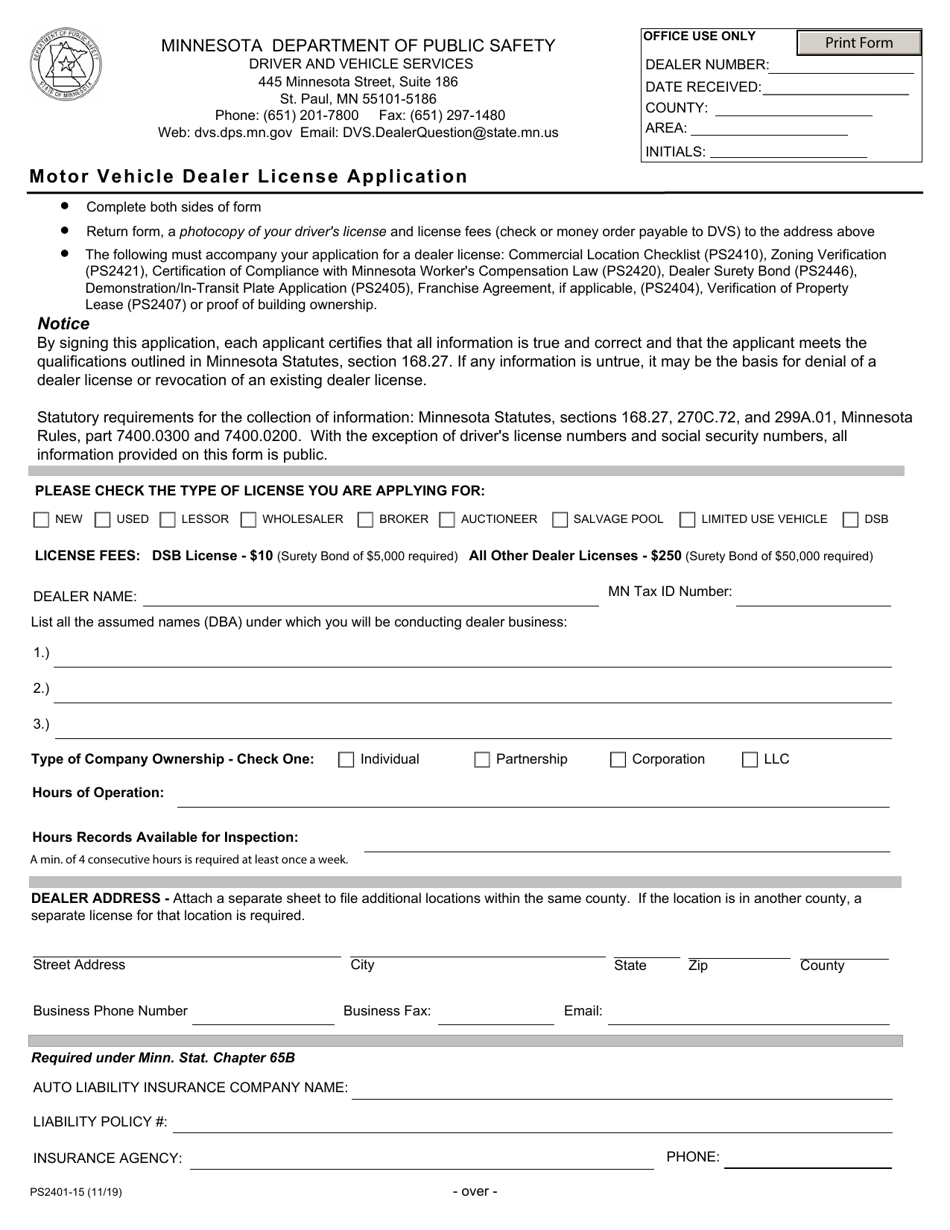 Form PS2401-15 Motor Vehicle Dealer License Application - Minnesota, Page 1