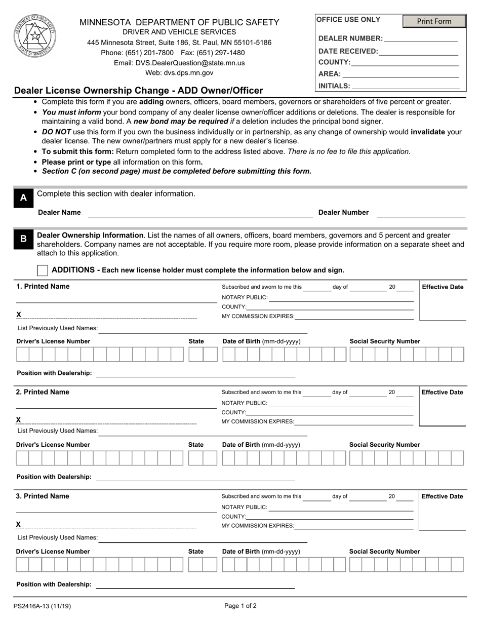 Form PS2416A-13 Dealer License Ownership Change - Add Owner / Officer - Minnesota, Page 1