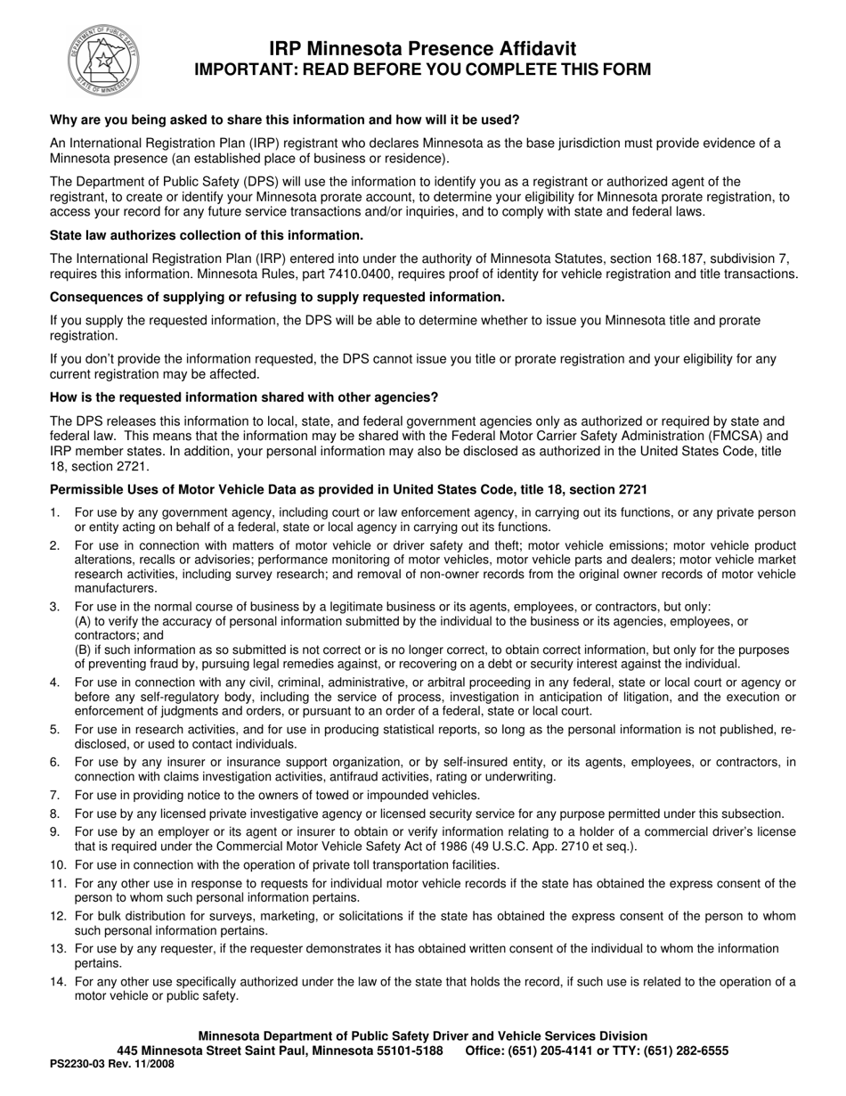 Form PS2230-03 Irp Minnesota Presence Affidavit - Minnesota, Page 1