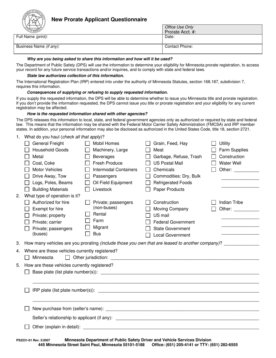 Form PS2231-01 New Prorate Applicant Questionnaire - Minnesota, Page 1