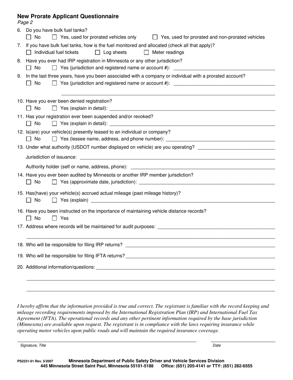 Form PS2231-01 New Prorate Applicant Questionnaire - Minnesota, Page 2