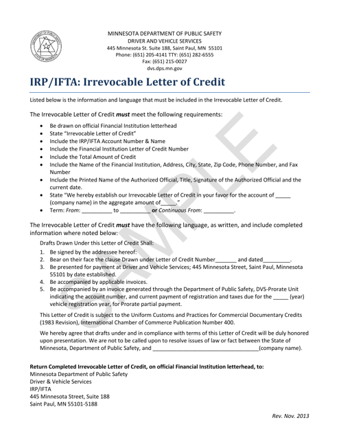 Irp / Ifta: Irrevocable Letter of Credit - Minnesota Download Pdf