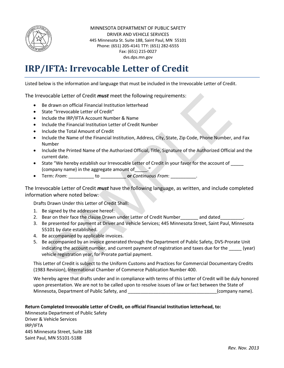 Irp / Ifta: Irrevocable Letter of Credit - Minnesota, Page 1