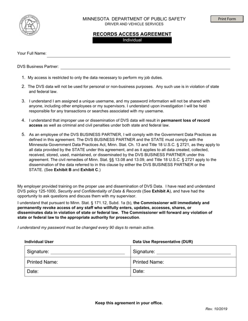 Records Access Agreement - Individual - Minnesota Download Pdf
