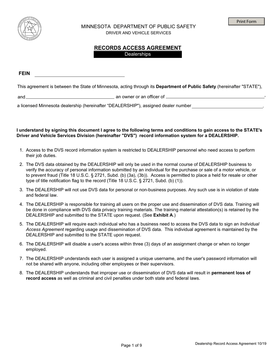 Records Access Agreement - Dealerships - Minnesota, Page 1